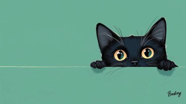 A cute black cat peeking over the edge of a green surface with big, curious eyes. clipart