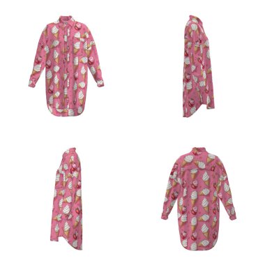 Dondurma ve tatlı desenli pembe uzun gömlek. Oyuncu tasarımına dört bakış açısı. Yüksek kalite fotoğraf