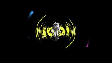 Astronot Ay 'ın üzerinde uçuyor. Arka planda hipnotik siyah-beyaz dairesel desen var. Yüksek kalite 4k görüntü