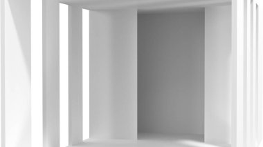 Geometrik duvarları ve yumuşak gölgeleri olan minimalist beyaz iç mekan. Yüksek kalite fotoğraf