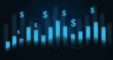 İçinde dolar sembolleri ve borsa büyüme konsepti olan 5 parlak mavi finansal tablo. Yüksek kalite fotoğraf