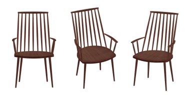 Sırtı uzun, siyah, tahta bir sandalye. Yuvarlak koltuk ve açılı bacaklar. Yüksek kalite fotoğraf