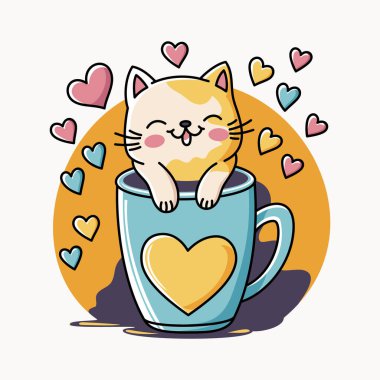 Cute cat with a blue cup of coffee and hearts around. Vector illustration