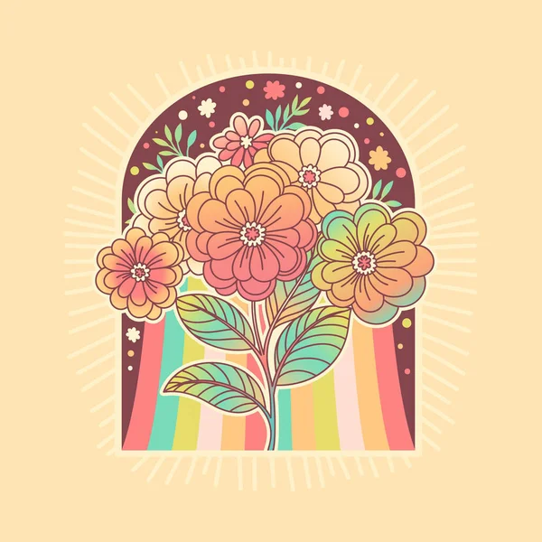 Flores Arco Íris Vibrações Groovy Estilo Hippie Ilustração Vetorial — Vetor de Stock