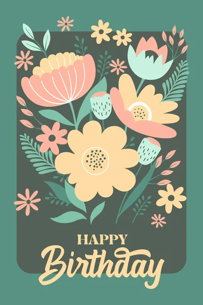 Gelukkige Verjaardag Floral Bouquet Wenskaart Vector Vlakke Illustratie — Stockvector