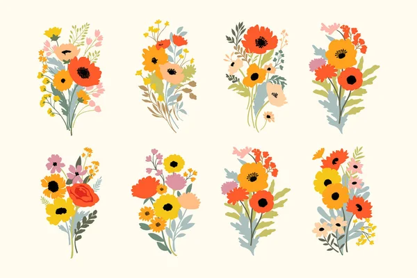 Колекція Яскравих Літніх Квіткових Букетів Плоскому Стилі Векторні Ілюстрації — стоковий вектор