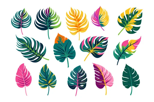 夏日艳丽的热带树叶收集 矢量说明 — 图库矢量图片