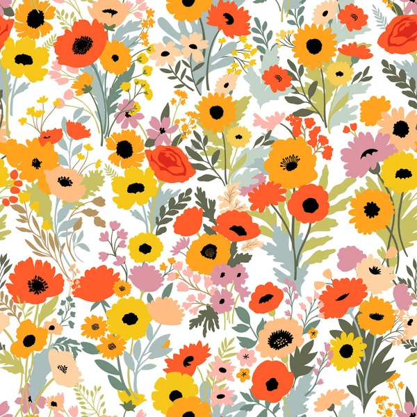 夏の牧草地の花と明るい花パターン ベクターイラスト — ストックベクタ