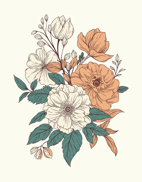 Piękny Bukiet Kwiatowy Stylu Vintage Ilustracja Wektora — Wektor stockowy