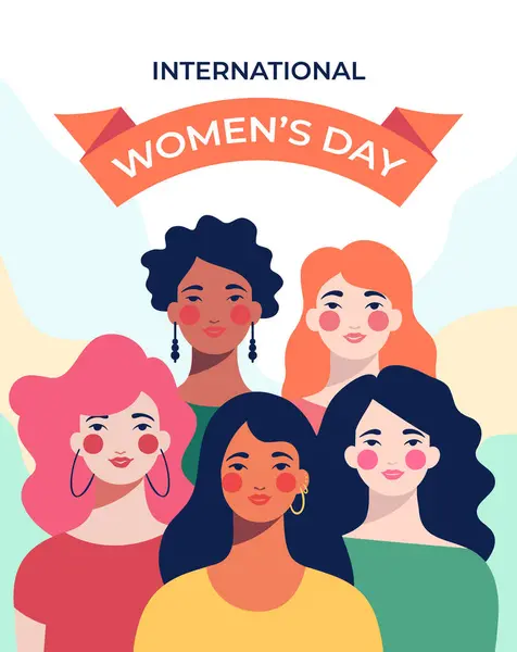 赤い口紅と異なるヘアスタイルを持つ女性のグループは 彼らの顔に笑顔と一緒に立って Womensの日ポスターに描かれています — ストックベクタ