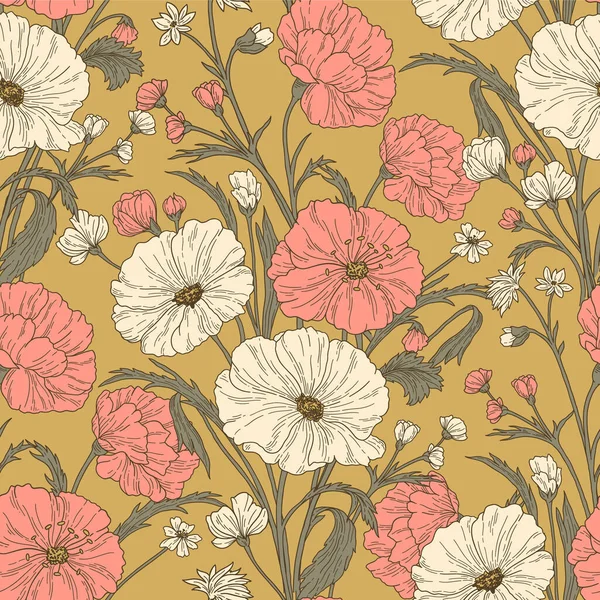 シームレスなピンクの白い花イエローバックグラウンドパターンデザイン — ストックベクタ