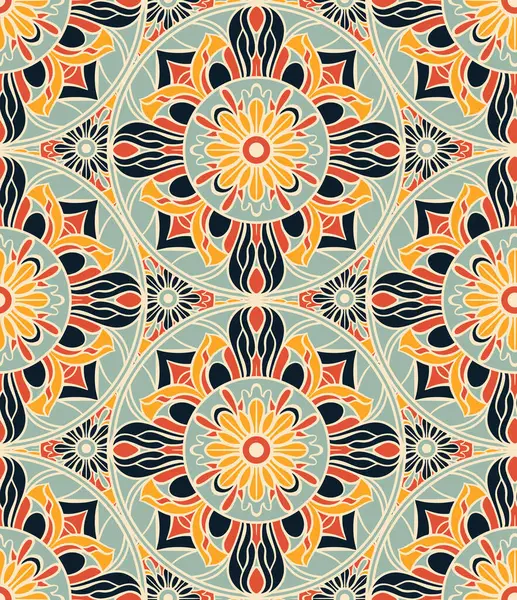 Textilní Design Vyznačuje Bezproblémovým Vzorem Připomínajícím Kaleidoskop Motivy Oranžových Květin — Stockový vektor
