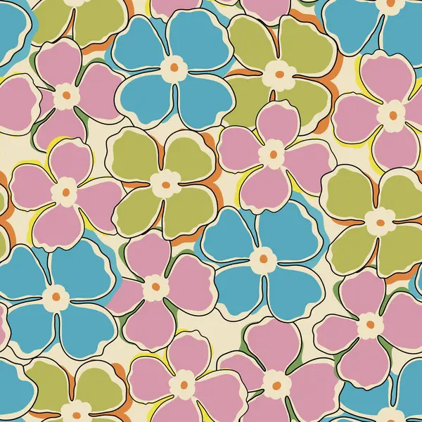 パステルカラーの花とレトロなシームレスなパターン ベクターイラスト — ストックベクタ