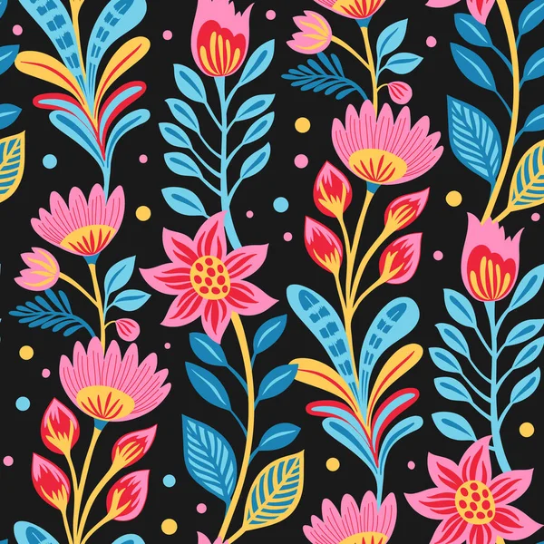 Een Levendig Naadloos Patroon Met Kleurrijke Bloemen Bladeren Een Zwarte — Stockvector