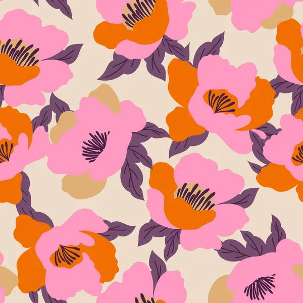 白色背景上的粉红色和橙色花朵的无缝图案 病媒图解 — 图库矢量图片#