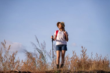 Yürüyüşçüler ya da gezginler sırt çantası taşıyan gezginler, yürüyüş direkleri uzak mesafeye bakar ve muhtemelen gezi ve tatil eko-turizmi konseptine rehberlik ederler..