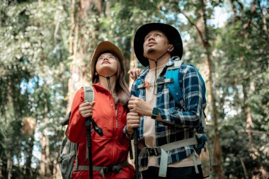 Gezginler ya da gezginler sırt çantası taşıyan gezginler, yürüyüş direkleri uzak mesafeye bakar ve muhtemelen yürüyüş ve yol keşfi ve tatil eko-turizmi kavramına rehberlik ederler..
