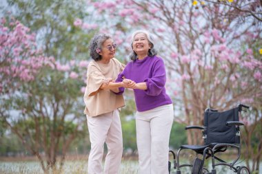 Arkadaşlık temalı tekerlekli sandalye temalı pembe çiçeklerle çevrili güzel doğa ortamındaki kadınlar, genel olarak sevgi, şefkat ve insan bağlantıları yayar..