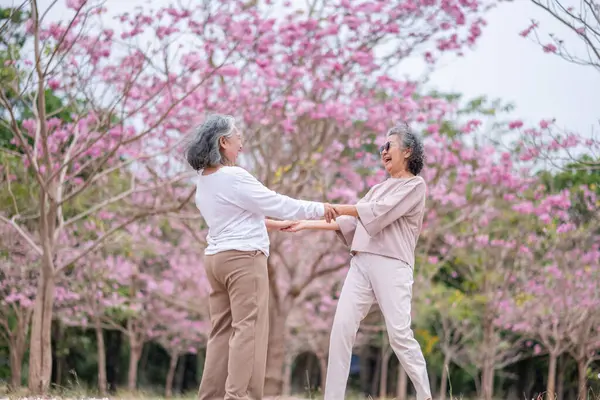 Gri saçlı yaşlı kadınlar birlikte güzel bir anın tadını çıkarıyorlar. Etrafı çiçek açan pembe çiçeklerle çevrili. İfadeler derin dostluk ve mutluluğu yansıtıyor..
