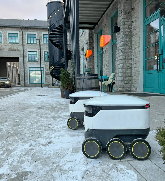 Autonomous delivery robot on Tallinn, Estonia. Estonian company developing autonomous delivery vehicles. Delivery robot waiting for order at cafe or restaurant. Technology, unmanned courier robot. 