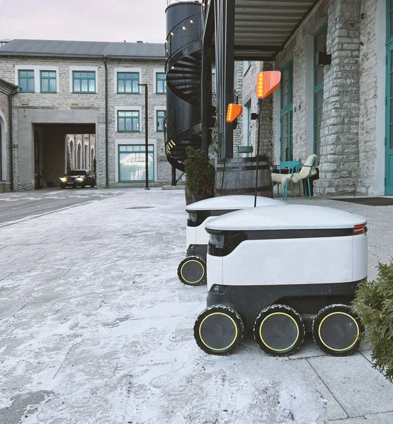 Autonomous delivery robot on Tallinn, Estonia. Estonian company developing autonomous delivery vehicles. Delivery robot waiting for order at cafe or restaurant. Technology, unmanned courier robot. 