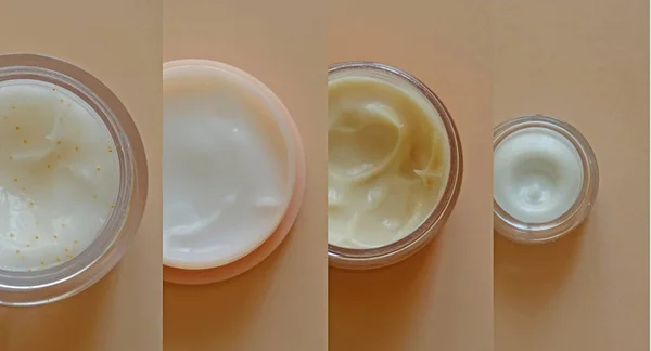 Collage of Plastic jars of beauty cream or mask for face care on pastel background, top view. Concept of skincare cosmetic, cosmetic spa medical skin care. Natural cosmetics.