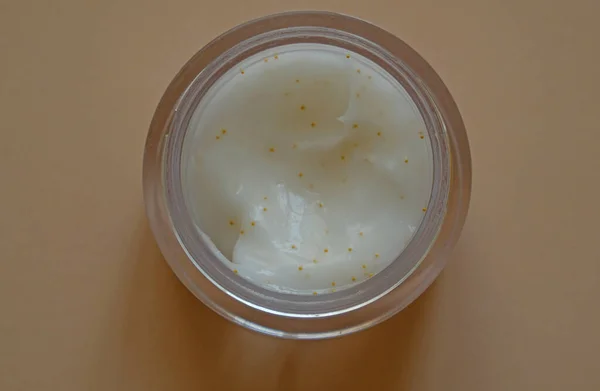 Plastic Jar Beauty Cream Mask Face Care Pastel Background Top — Stock Photo, Image
