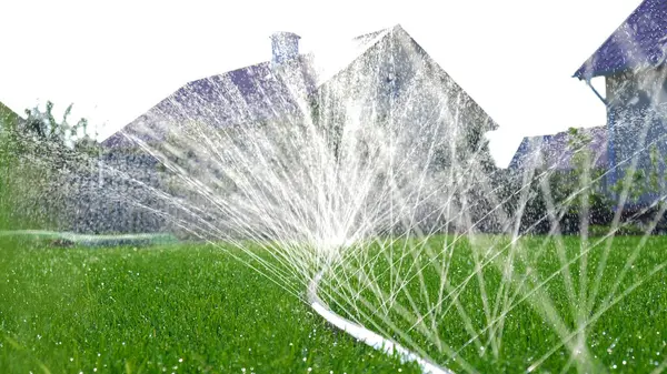 Close-up of jets and splashes, watering the lawn with a hose. Automatic garden irrigation system watering lawn. Automatic equipment for irrigation and maintenance of lawns, gardening.