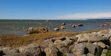Dağılmış kayaları ve açık mavi gökyüzünün altında kuru otları olan kayalık deniz kıyıları. Sakin deniz suyu, güneşli bir günde sert kıyı manzarasıyla renksiz renklerle karşılaşır. Minimalist, şık ve modaya uygun bir kavram.