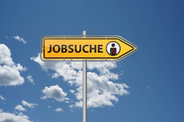 Mavi gökyüzünün önündeki sarı ok ve Almanca kelime Jobsuche - iş araması