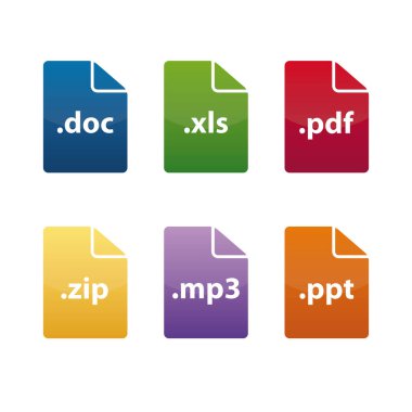 DOC, XLS, PDF, ZIP, MP3, PPT vektörü dosya türlerinin biçimi ve uzantısı. Vektör illüstrasyonu