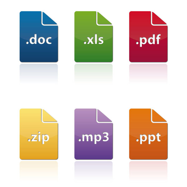 Colorful icons in magenta, electric blue with pattern design, representing doc, xls, pdf, zip, mp3, and ppt files. Each icon is a unique brand logo displayed in a screenshot