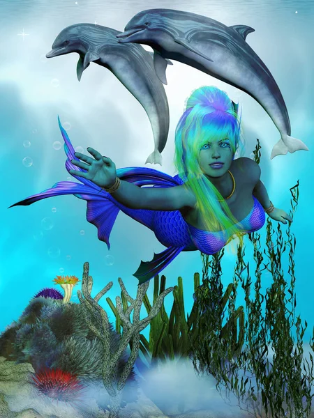 Eine Bunte Meerjungfrau Schwimmt Mit Großen Tümmlern Über Ein Riff — Stockfoto