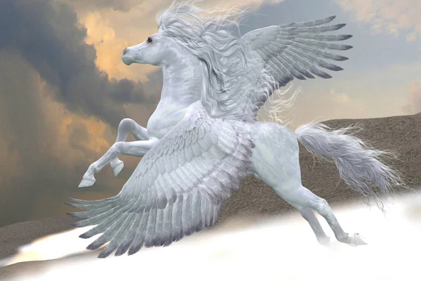 Vackra Vita Pegasus Flyger Genom Bergskammar Och Dimma Uppåt Mot — Stockfoto