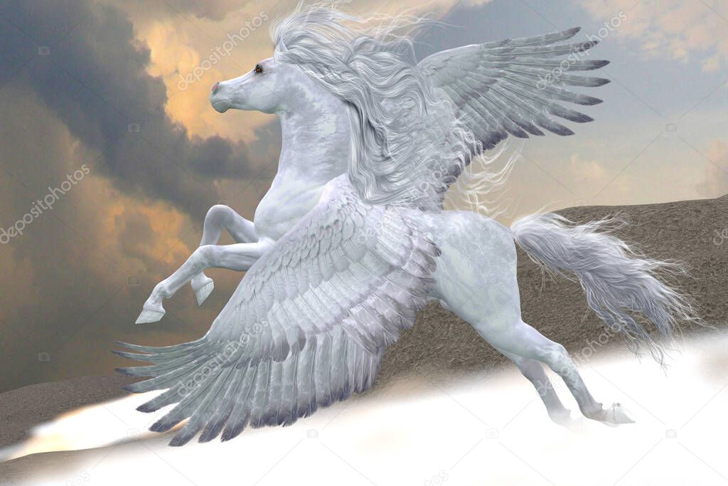 Gorgeous white Pegasus flies through mountain mists and fog upwards toward the sky.