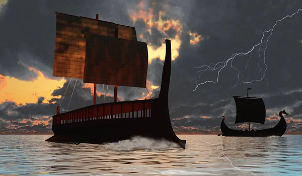 Viking Longboat Sails Destinations Trade Goods Thunderstorm Comes Way — стоковое фото