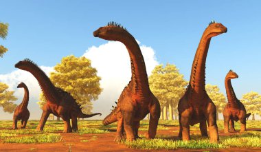 Alamosaurus adı verilen bir Titanosaurus sürüsü orman ağaçları arasında yiyecek arar..