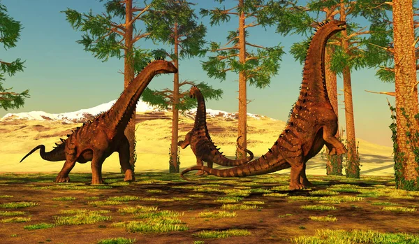 Skupina Titanosaurů Zvaná Alamosaurus Hledá Potravu Lese Borovic — Stock fotografie