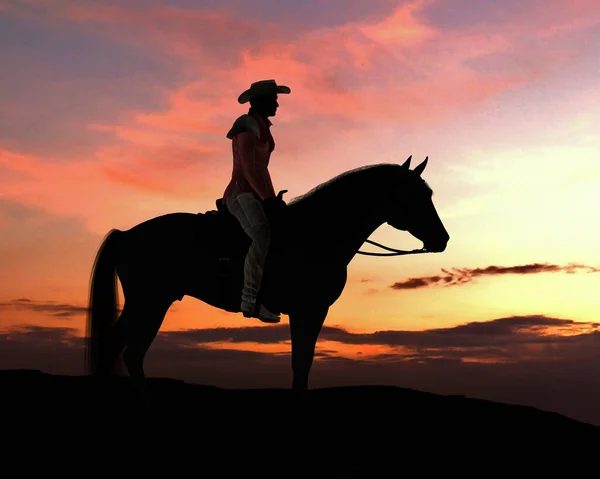 Egy Cowboy Negyed Lova Egy Sziklán Állnak Pihennek Naplementében — Stock Fotó