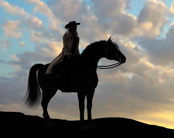 日落时 一个牛仔和他的骑手站在悬崖上休息 — 图库照片