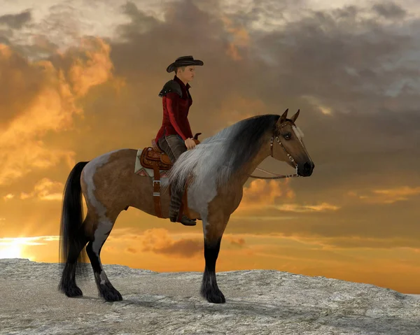 カウボーイとクオーターの馬が崖の上で休んでいる — ストック写真