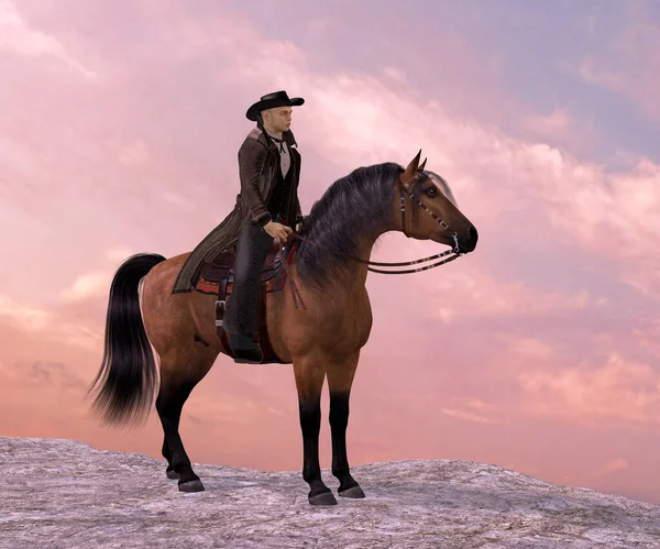 Negyed Cowboy Lovasa Egy Sziklán Pihen — Stock Fotó