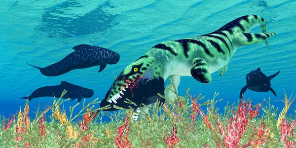 Grupo Ballenas Piloto Intenta Evadir Reptil Marino Dakosaurus Los Mares —  Fotos de Stock