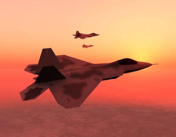 Gün Batımında Bir Savaş Uçağı Filosu Çevrede Devriye Geziyor — Stok fotoğraf
