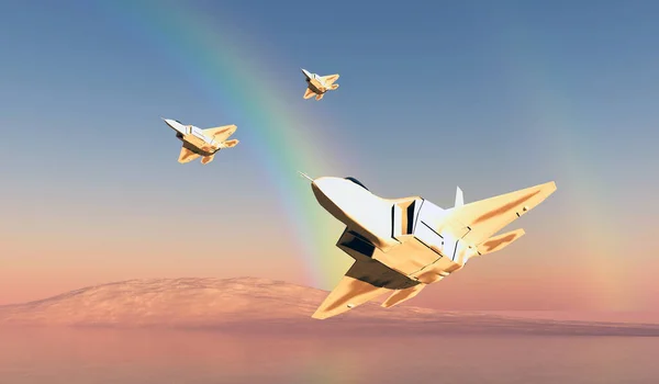 Arco Iris Encuentra Una Unidad Escuadra Aviones Combate Patrulla Sobre — Foto de Stock