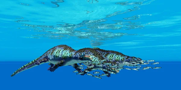 Стая Рыб Анчоусов Пытается Ускользнуть Трех Плакодусских Морских Рептилий — стоковое фото