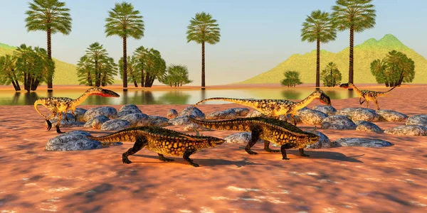 Wataha Myśliwska Coelophysis Otacza Dwa Pancerne Dinozaury Desmatosuchus Okresie Triasu — Zdjęcie stockowe