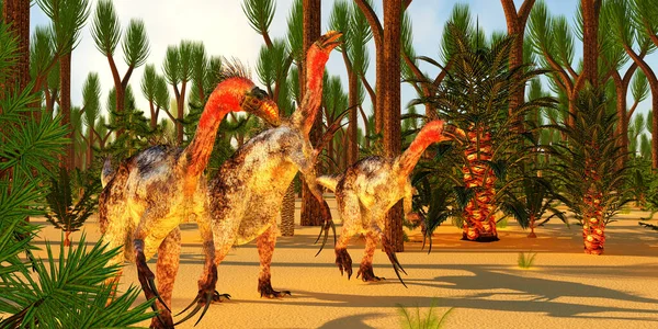 Los Dinosaurios Terópodos Therizinosaurus Cazan Presas Entre Los Árboles Sigillaria — Foto de Stock