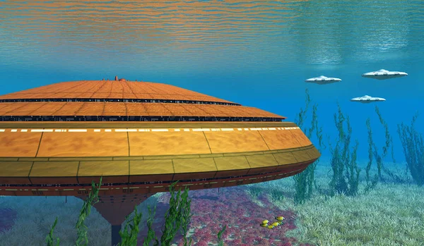 潜水可能な宇宙船がエイリアン惑星から水中都市に到着する — ストック写真