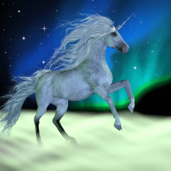 Legendary White Unicorn Dances Northern Lights — Stock Photo, Image